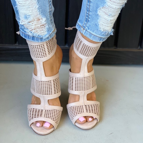 Nude Ankle Cuff Perforated High Heel Sandals - Picture 2 of 6